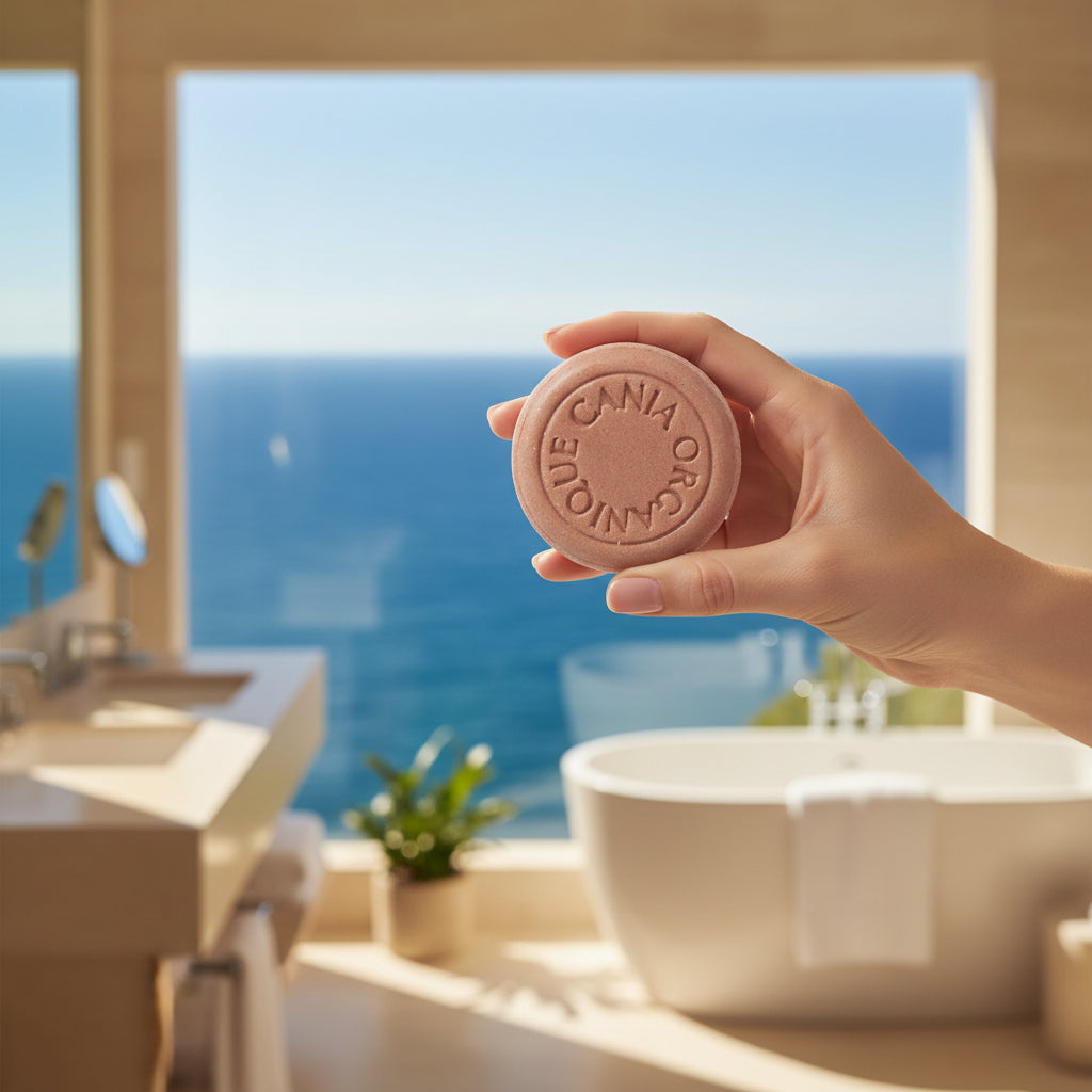 an ocean view bathroom holding by a lady